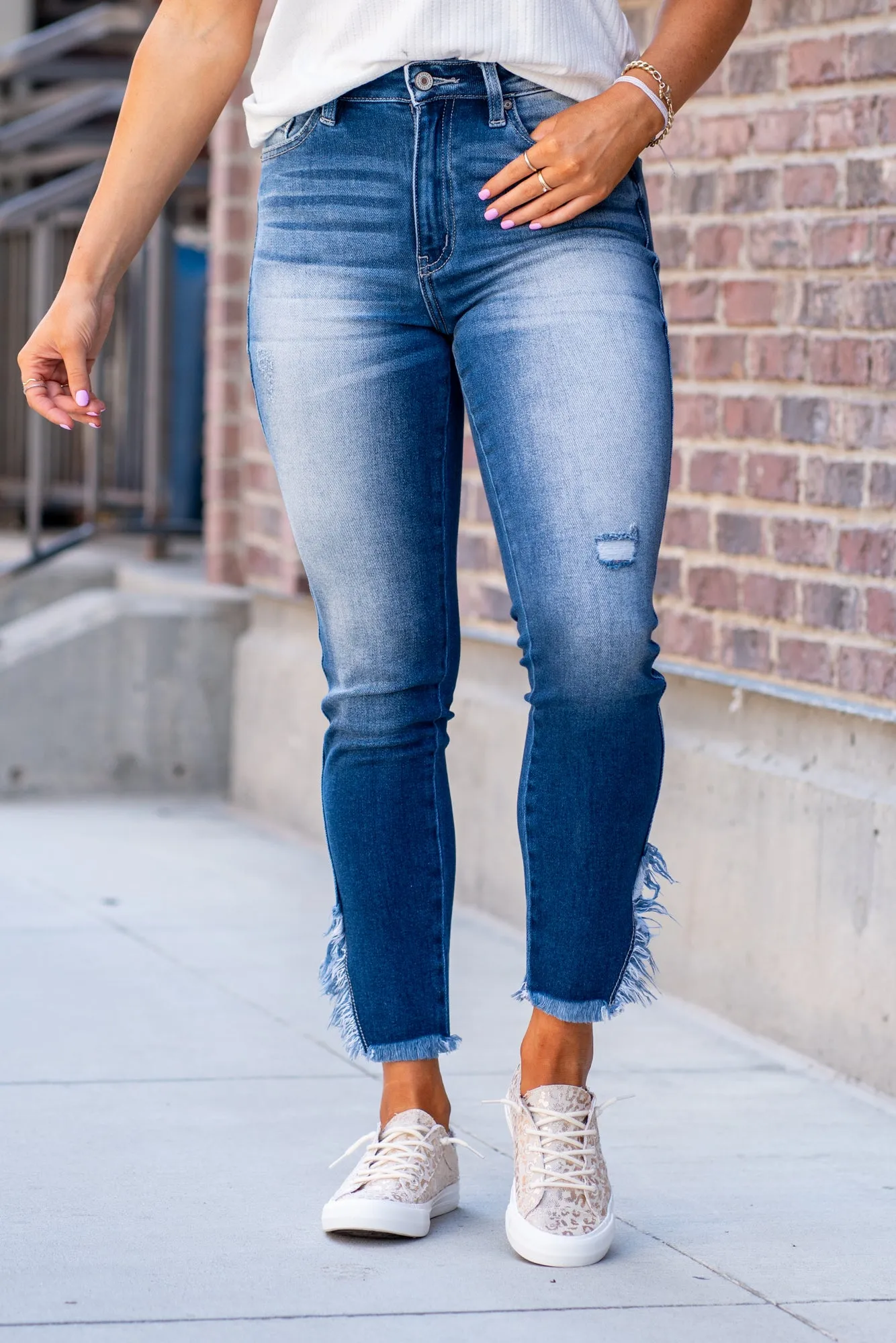 Savvy High Rise Split Fringe Ankle Skinny