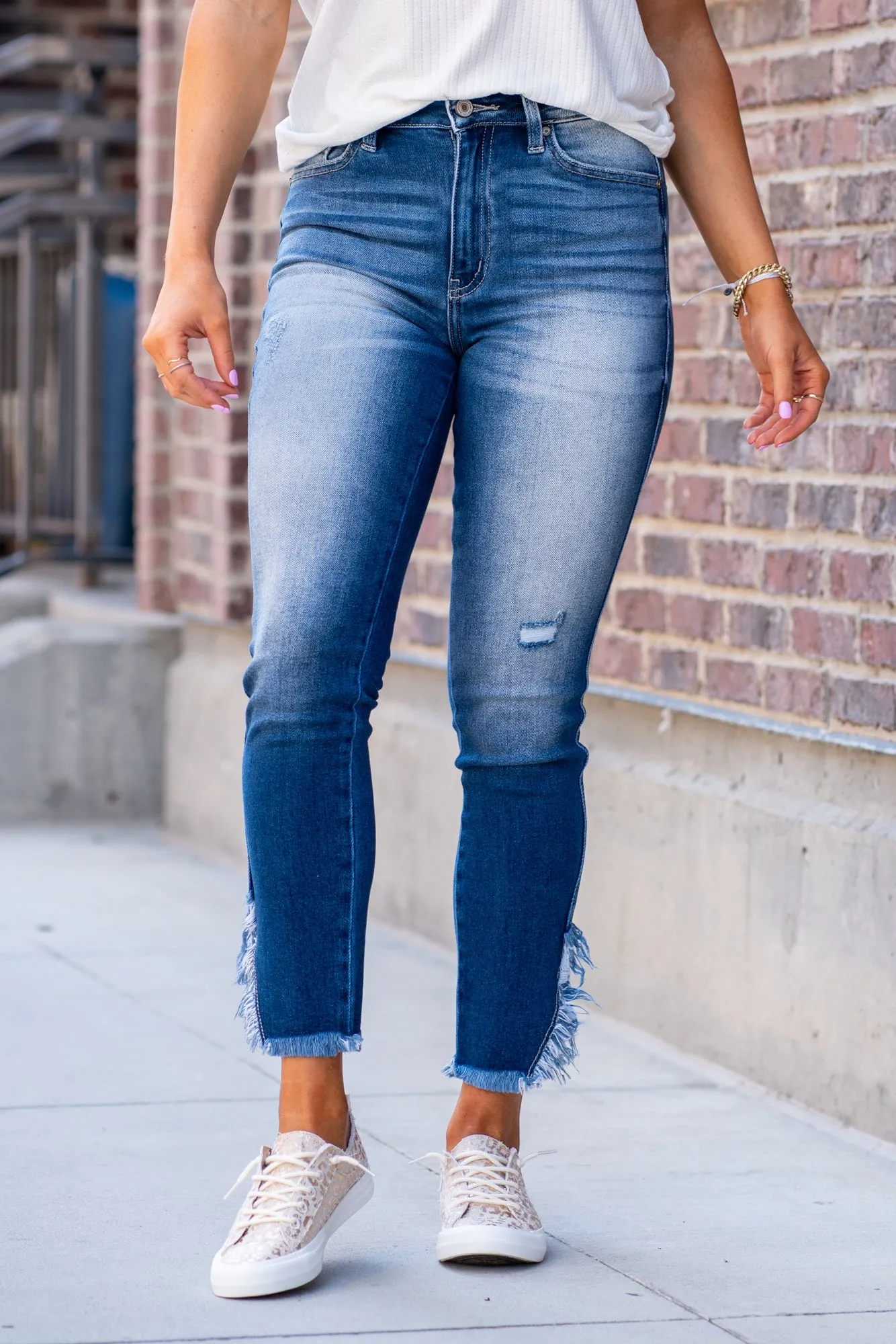 Savvy High Rise Split Fringe Ankle Skinny