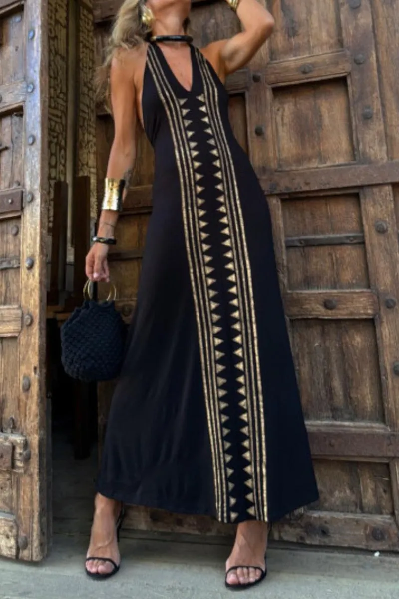Sexy Geometric Print Backless Halter One Step Skirt Dresses