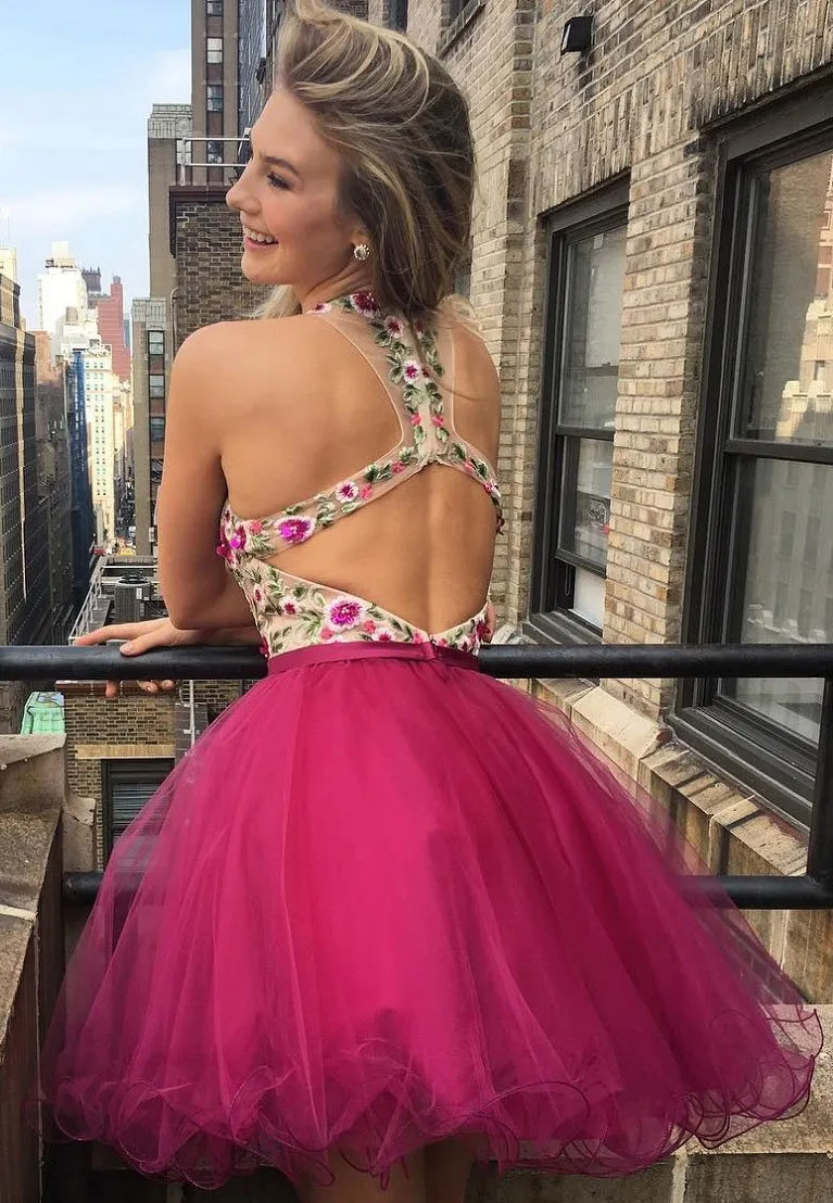 Sexy Open Back V neck Hot Pink Lace Cheap Homecoming Dresses 2018,BDY0240