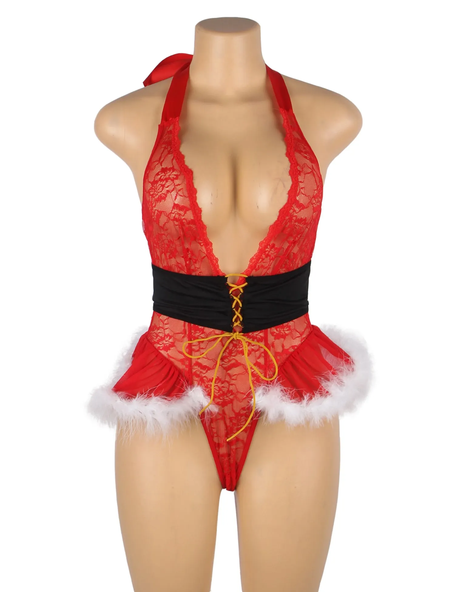 Sexy Red Christmas Egypt 2025 Type Lace Halter Teddy Lingerie