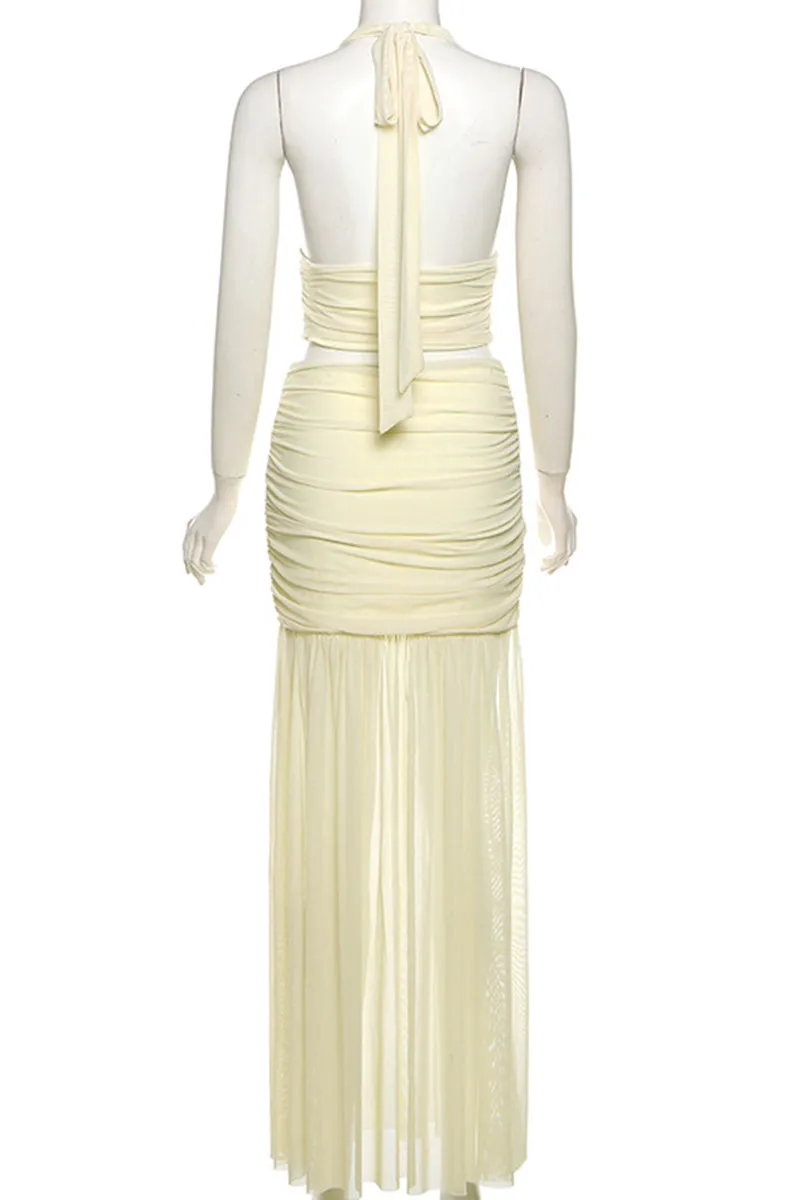 Sexy Solid Backless Fold Mesh Halter Sleeveless Two Pieces