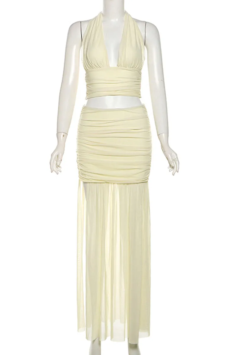 Sexy Solid Backless Fold Mesh Halter Sleeveless Two Pieces