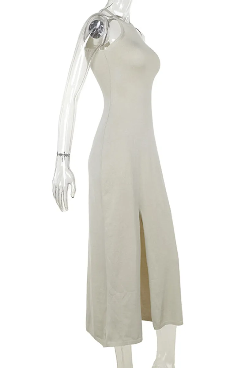 Sexy Solid Color Slit Knit Halter Sleeveless Dresses