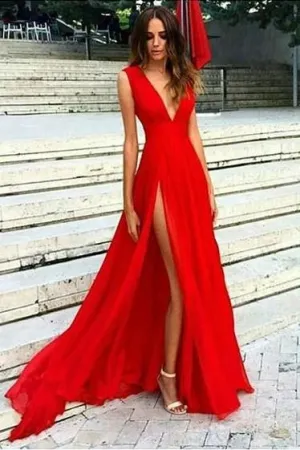 Sexy V-neck Red Split Prom Dresses,Simple Slit Sexy Party Dresses APP0383