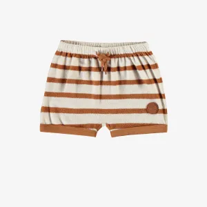 Short crème et caramel ligné en ratine, bébé || Caramel and cream striped short in terry, baby