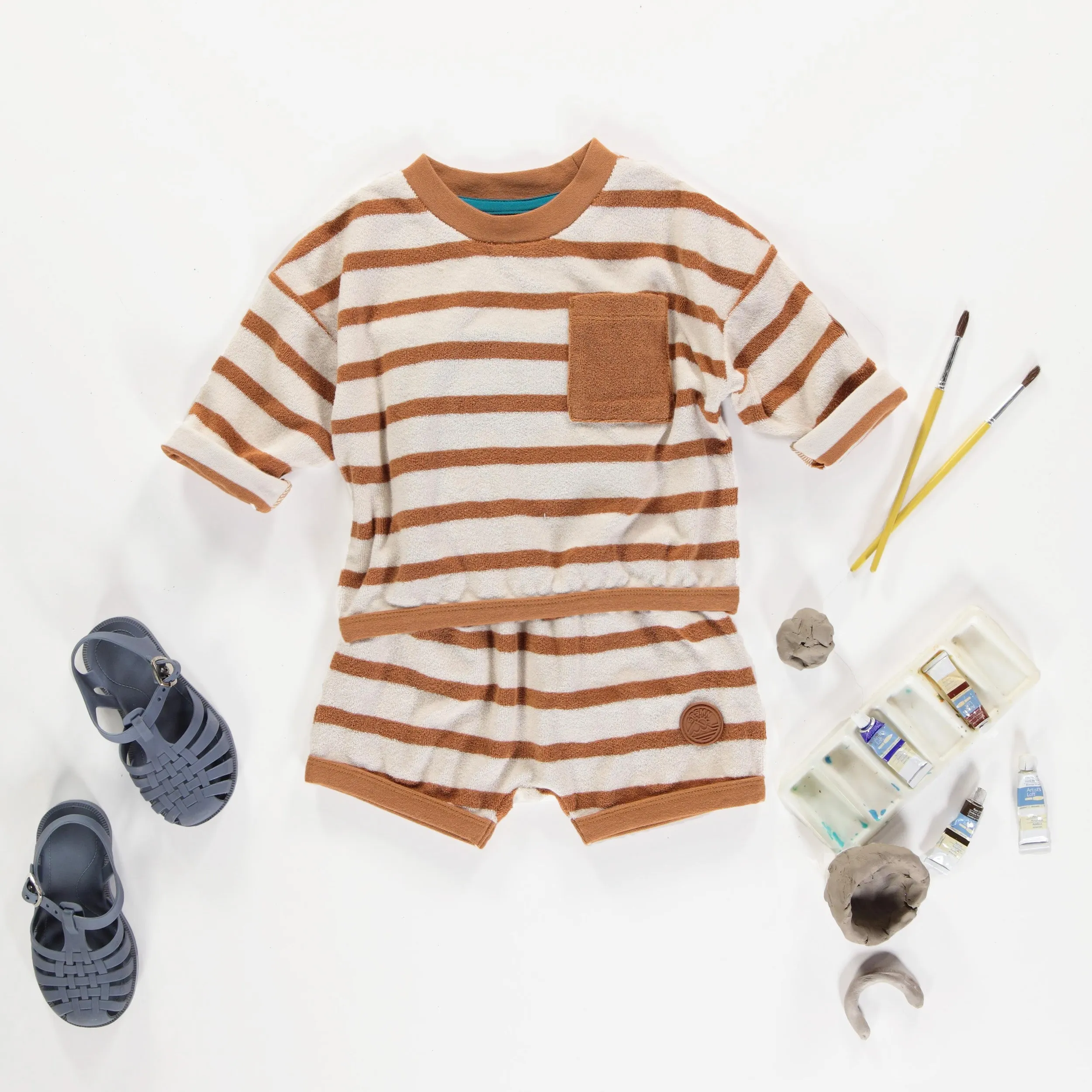 Short crème et caramel ligné en ratine, bébé || Caramel and cream striped short in terry, baby