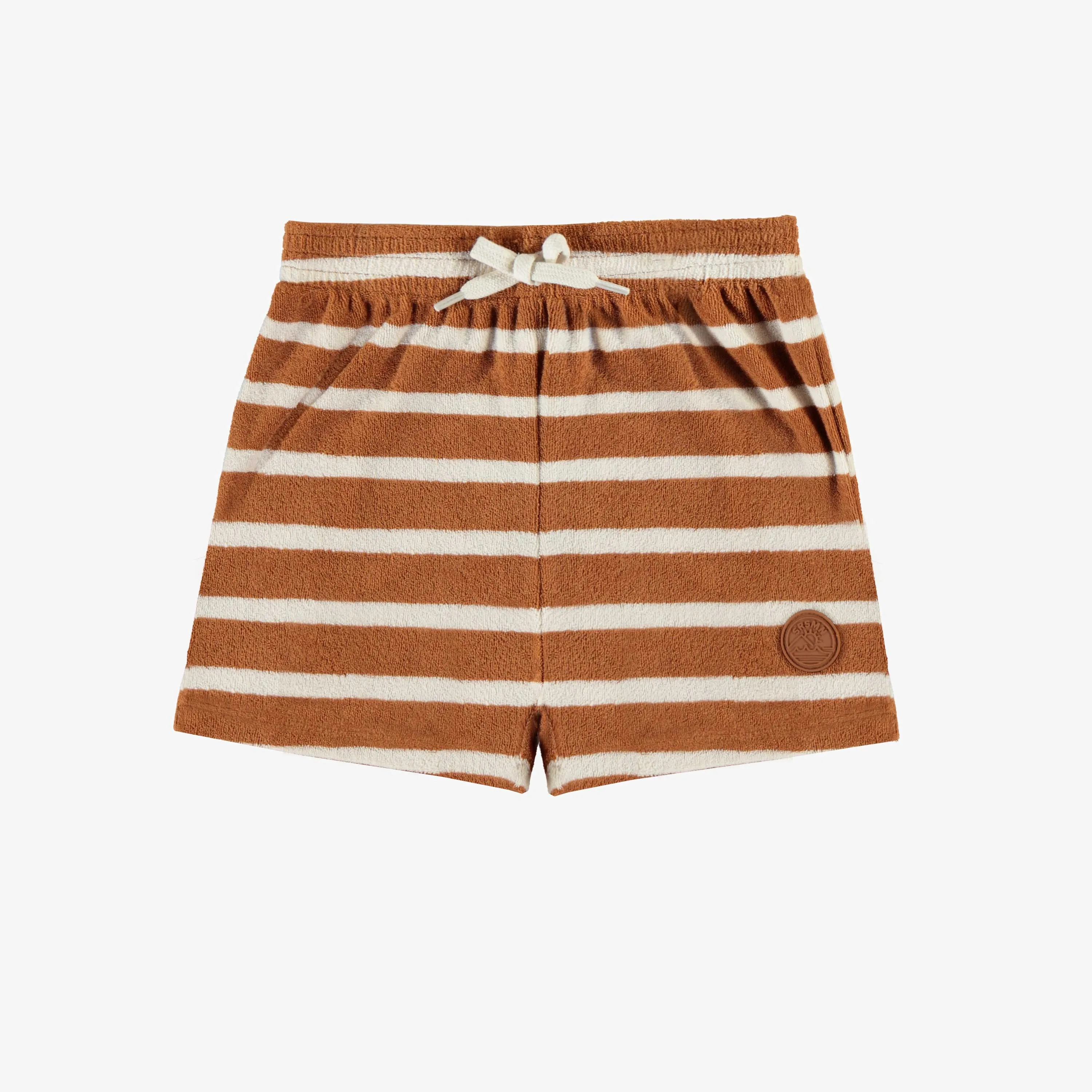 Short ligné caramel et crème en ratine, enfant || Caramel and cream striped short in terry, child