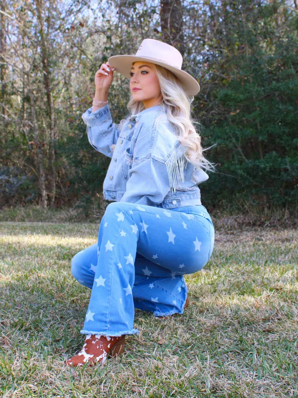 Show Stopper Star Print Flare Jeans, Denim