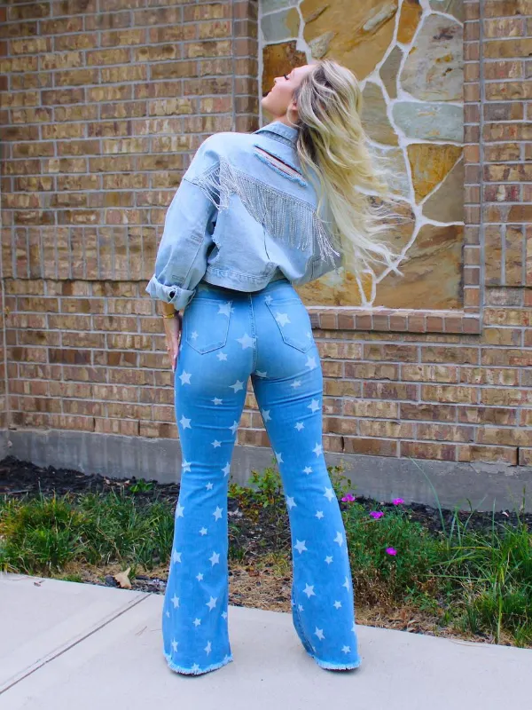 Show Stopper Star Print Flare Jeans, Denim