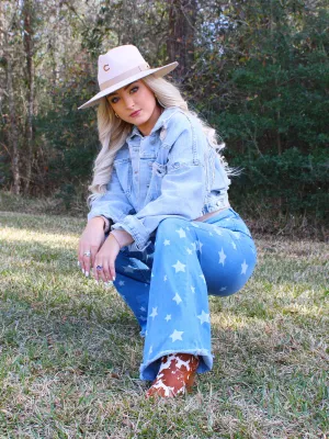 Show Stopper Star Print Flare Jeans, Denim