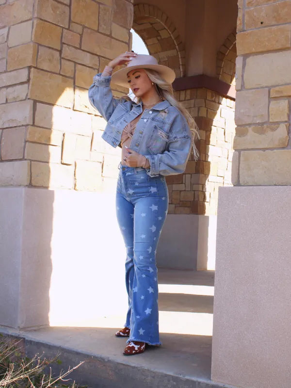 Show Stopper Star Print Flare Jeans, Denim