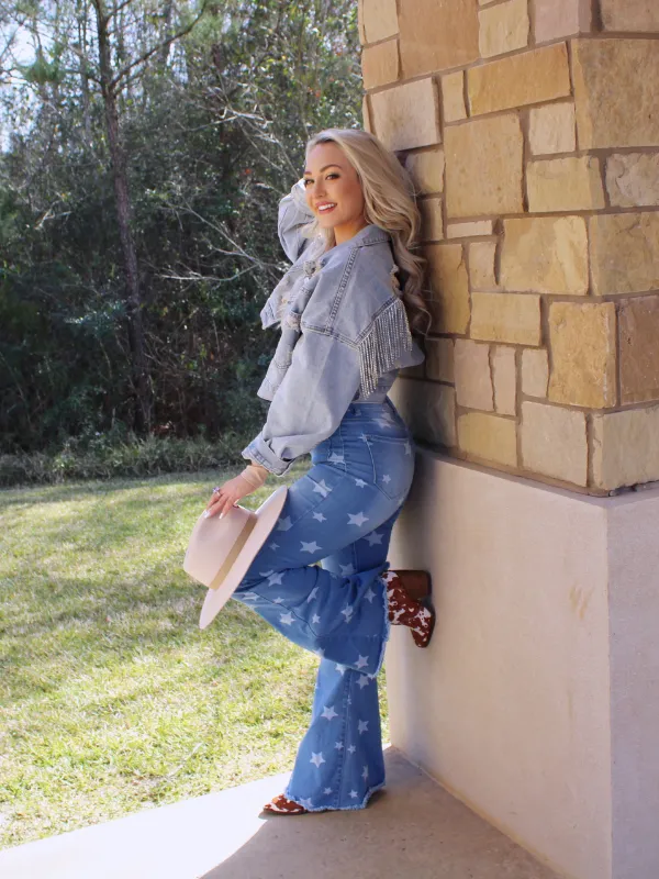 Show Stopper Star Print Flare Jeans, Denim