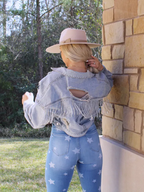 Show Stopper Star Print Flare Jeans, Denim