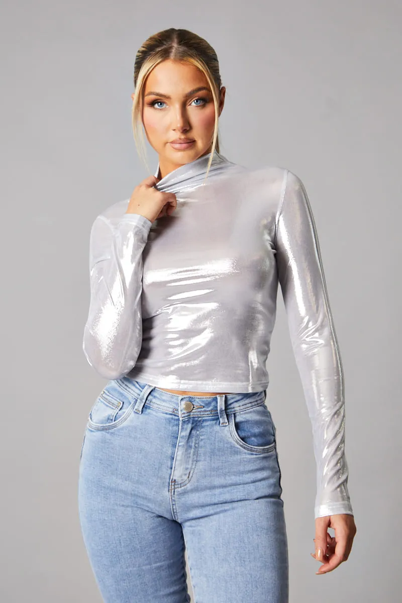 Silver Metallic High Neck Long sleeve Top - Maho