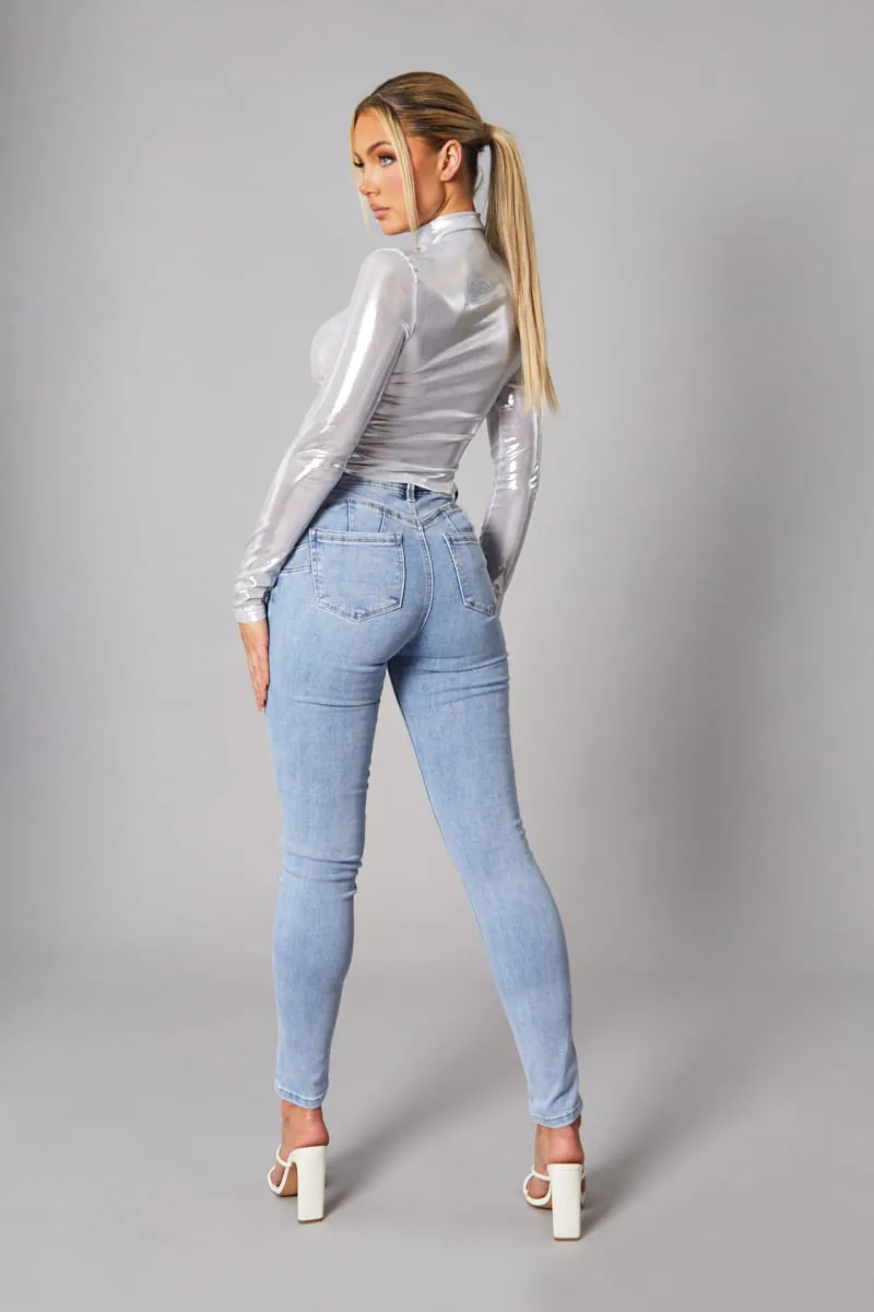 Silver Metallic High Neck Long sleeve Top - Maho