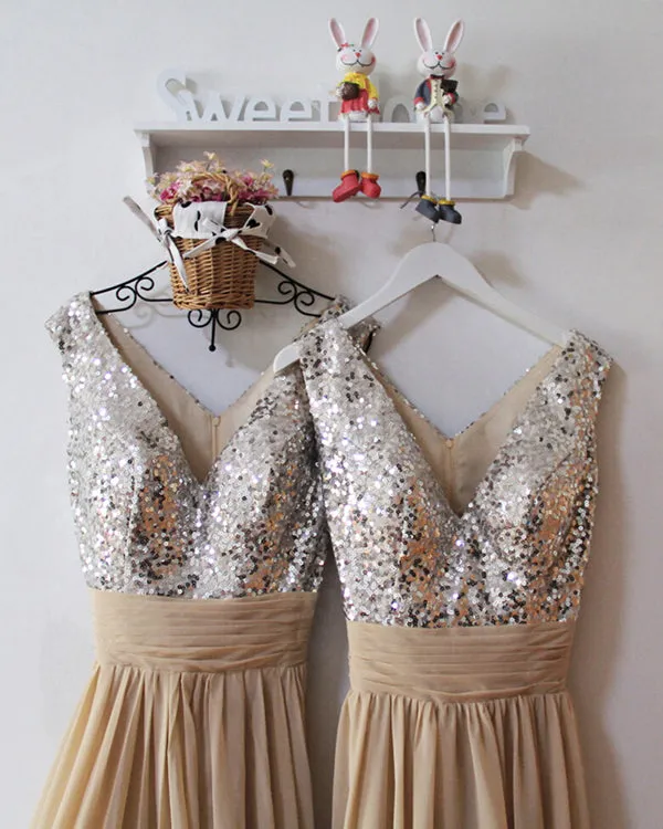 Silver Sequins Champagne Chiffon Bridesmaid Dresses Ruffles V-Neck Floor Length