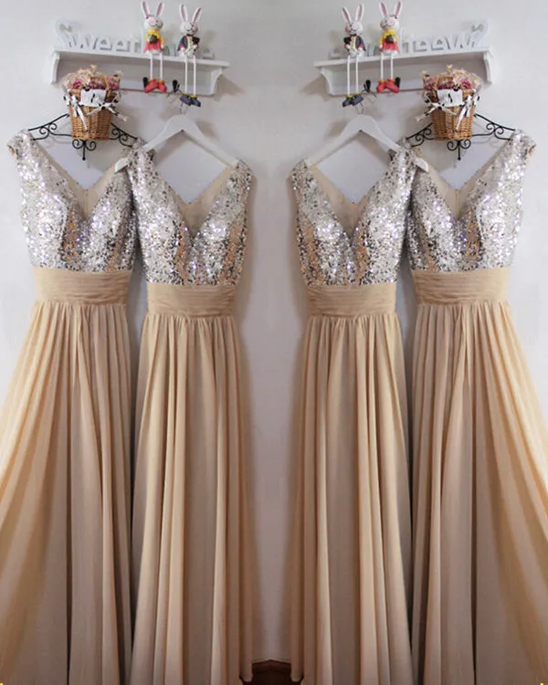 Silver Sequins Champagne Chiffon Bridesmaid Dresses Ruffles V-Neck Floor Length