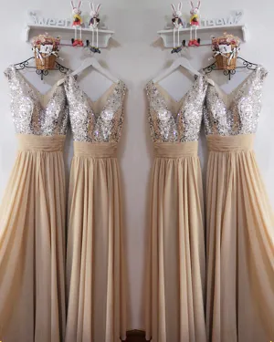 Silver Sequins Champagne Chiffon Bridesmaid Dresses Ruffles V-Neck Floor Length