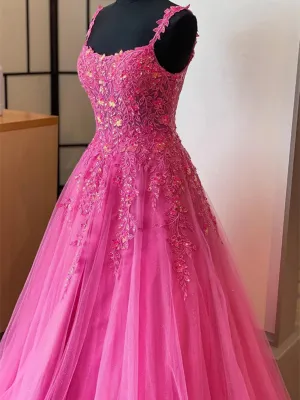 Simple Pink Lace Floral Tulle Long Prom Dresses, Pink Lace Appliques Tulle Long Formal Evning Dresses