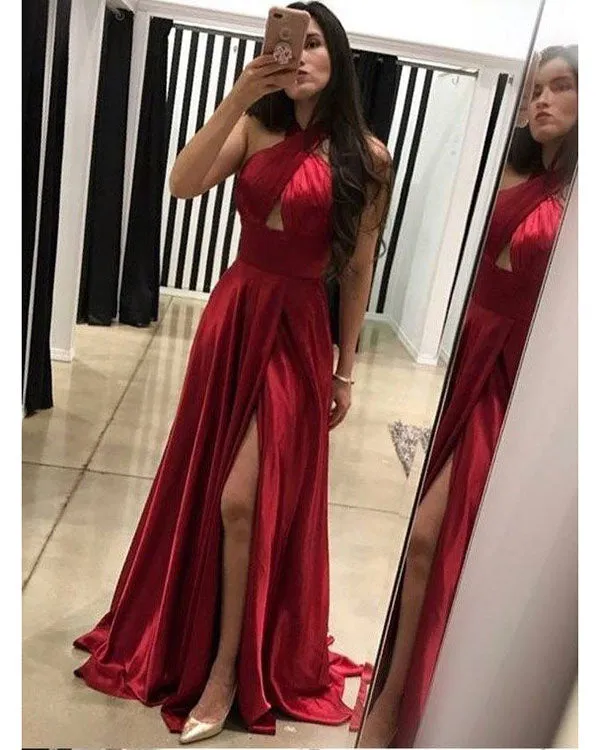 Simple Purple Prom Dresses 2020 Halter New Elastic Satin Long Prom Party Gowns with Slit