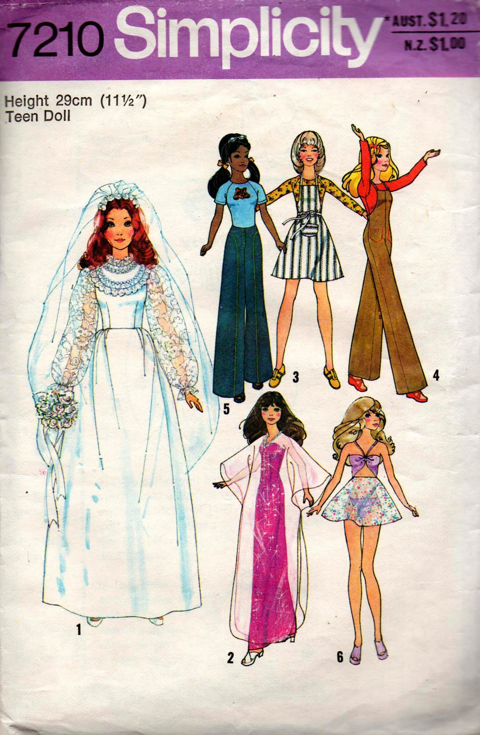 Simplicity 7210 Teenage Doll Clothes 1970s Vintage Sewing Pattern for 11 1/2 Inch Barbie / Teen Dolls