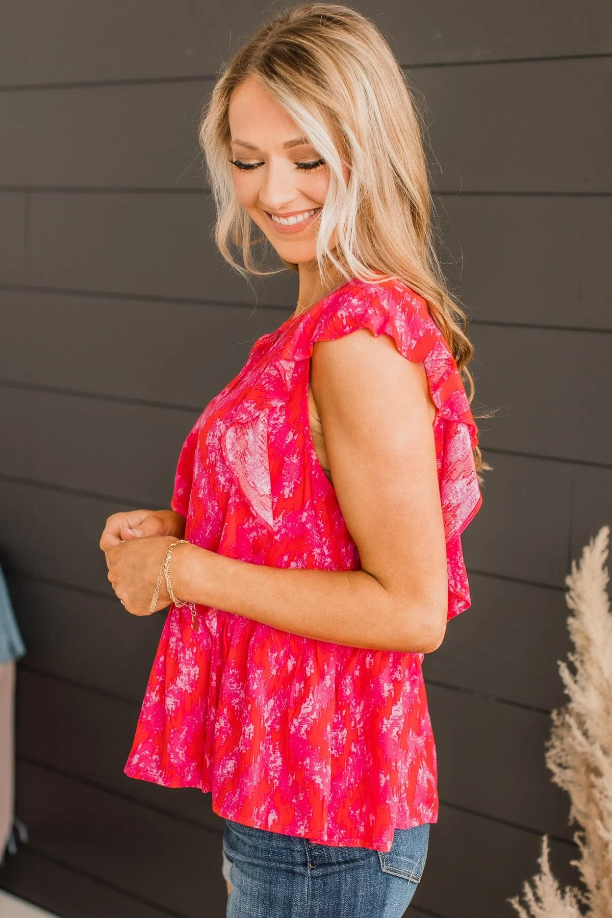 Simply Glowing Printed Peplum Blouse- Hot Pink