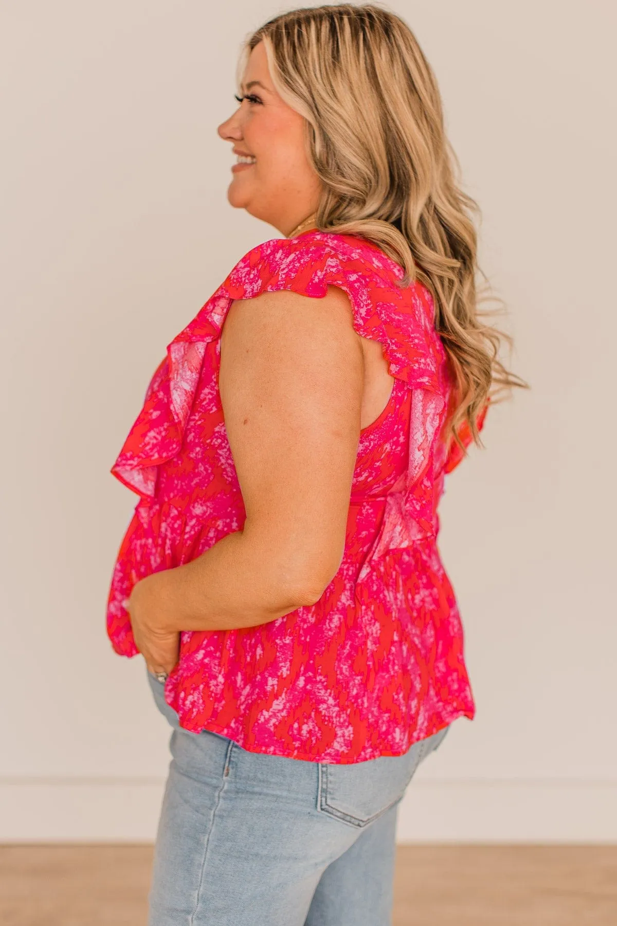 Simply Glowing Printed Peplum Blouse- Hot Pink