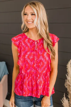 Simply Glowing Printed Peplum Blouse- Hot Pink