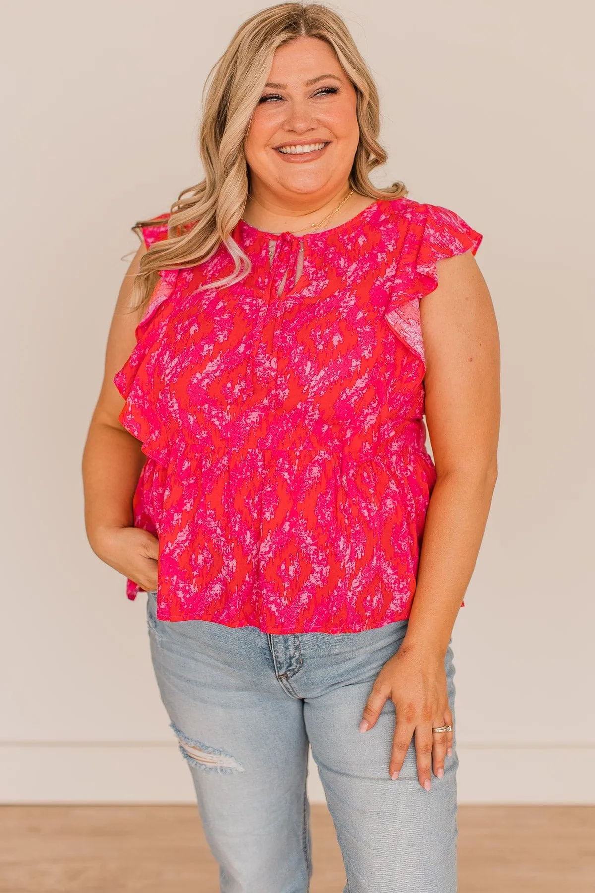 Simply Glowing Printed Peplum Blouse- Hot Pink