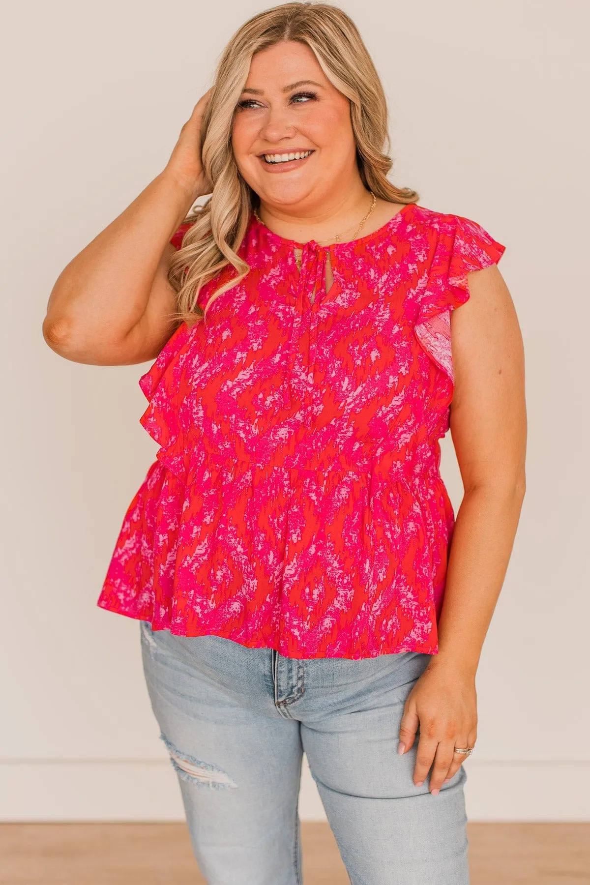 Simply Glowing Printed Peplum Blouse- Hot Pink