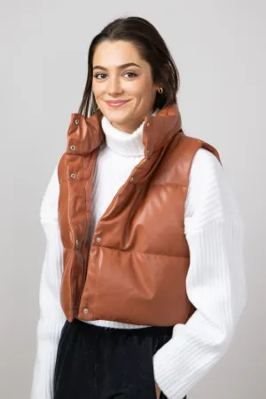 Simply Southern Faux Leather Cropped Puffer Vest for Women in Sepia | PP-0224-VEST-LTHR-SEPIA