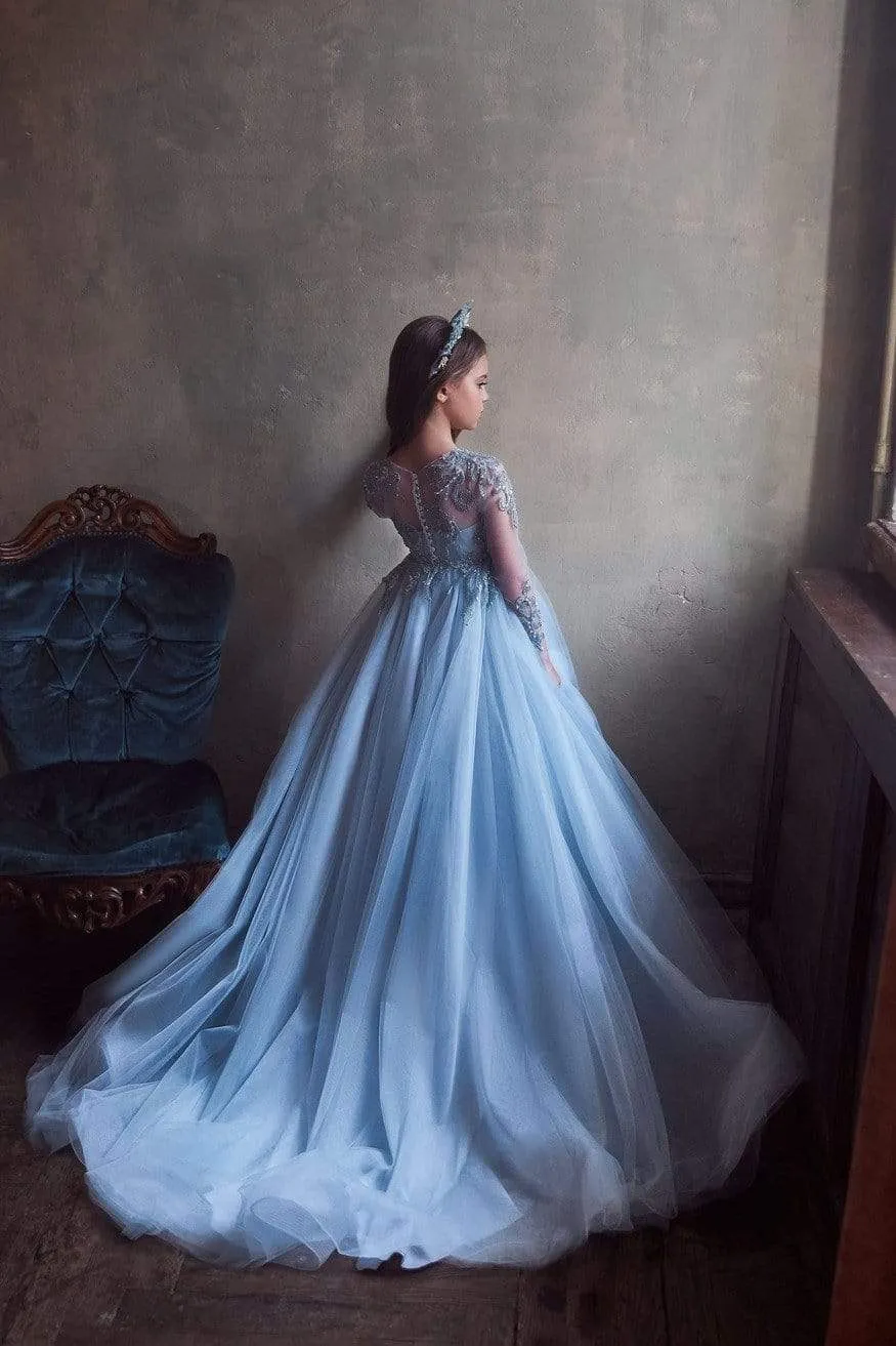 Sky Blue Tulle Gown for Young Girls