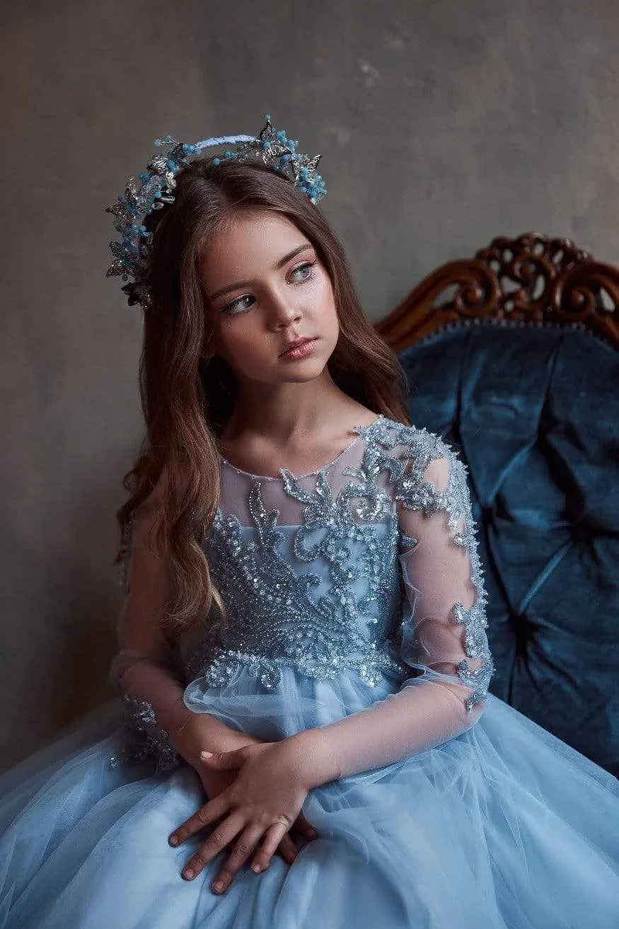 Sky Blue Tulle Gown for Young Girls