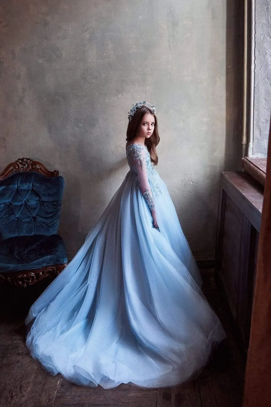 Sky Blue Tulle Gown for Young Girls