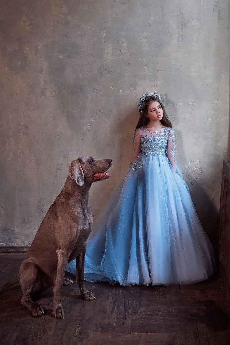 Sky Blue Tulle Gown for Young Girls