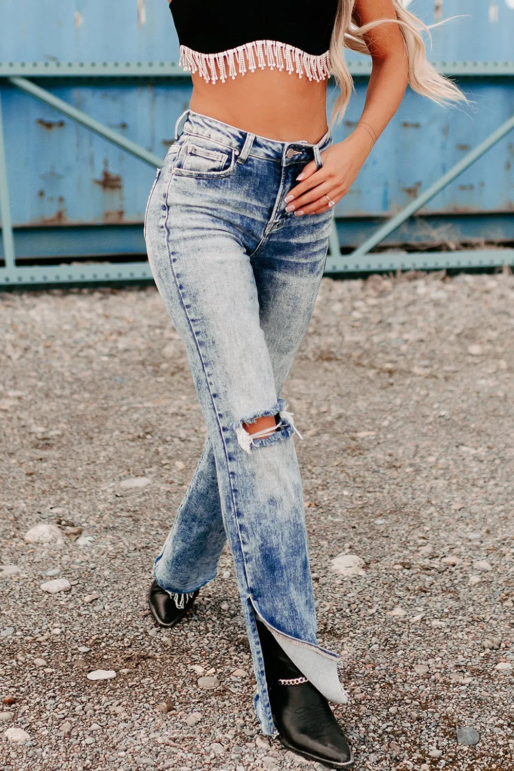 Sky Blue Vintage Distressed Split Hem Straight Leg Jeans