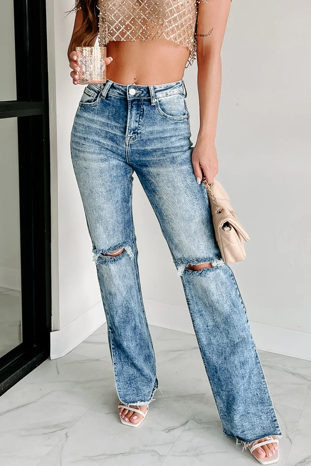 Sky Blue Vintage Distressed Split Hem Straight Leg Jeans