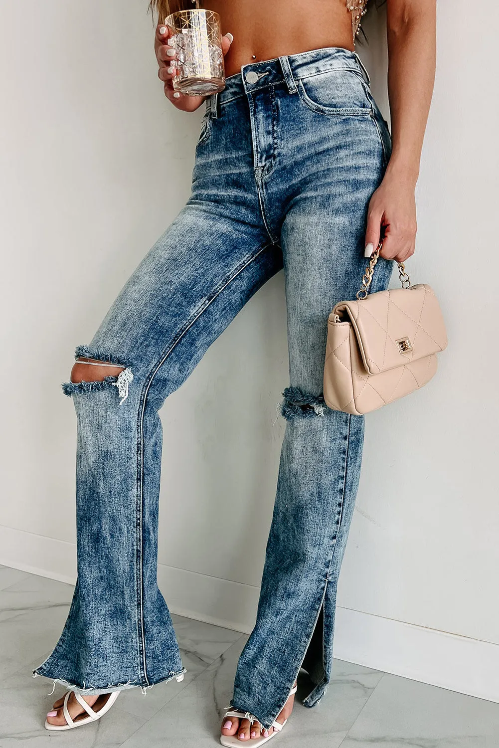 Sky Blue Vintage Distressed Split Hem Straight Leg Jeans