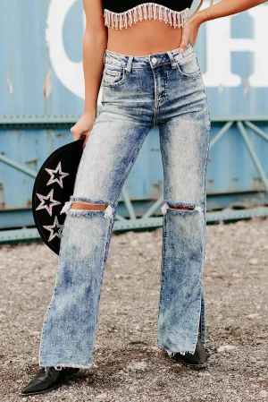 Sky Blue Vintage Distressed Split Hem Straight Leg Jeans
