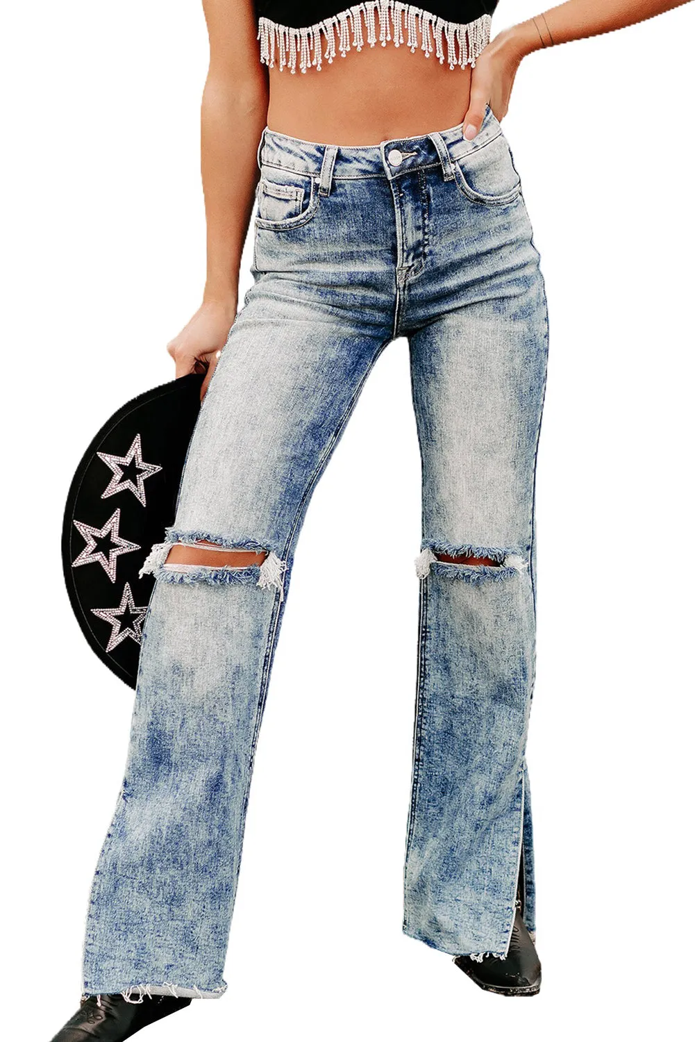 Sky Blue Vintage Distressed Split Hem Straight Leg Jeans