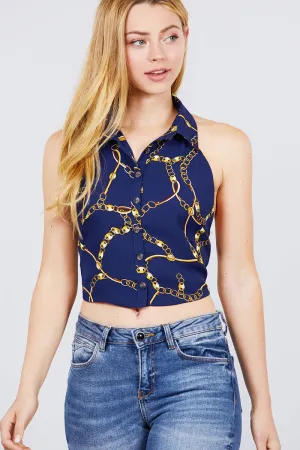 Sleeveless Halter Neck W/collar Button Down Open Back Tie Closer Printed Woven Top