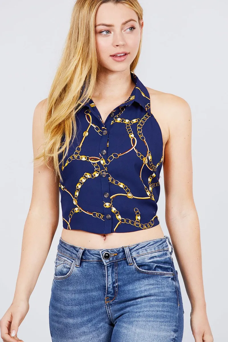 Sleeveless Halter Neck W/collar Button Down Open Back Tie Closer Printed Woven Top