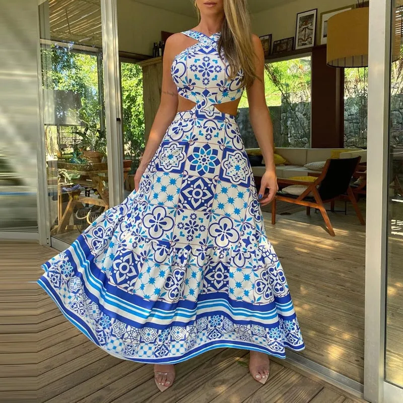 Sleeveless Vintage Halter Dress with Printed Design