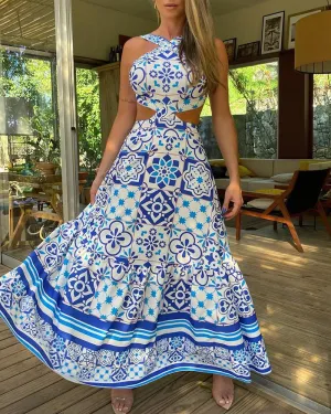 Sleeveless Vintage Halter Dress with Printed Design