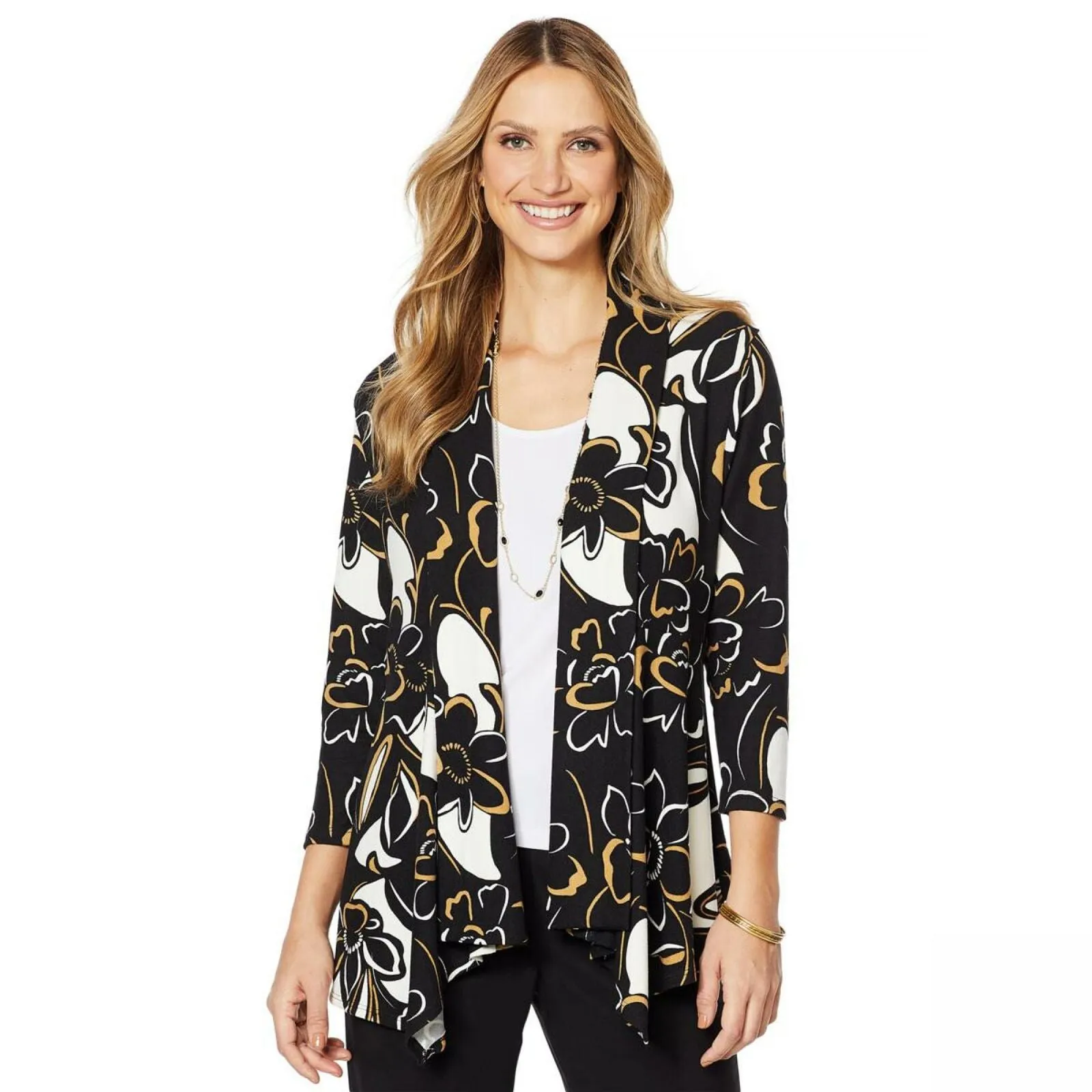 Slinky Brand Women's 3/4 Sleeve Printed Peplum Sweater Jacket