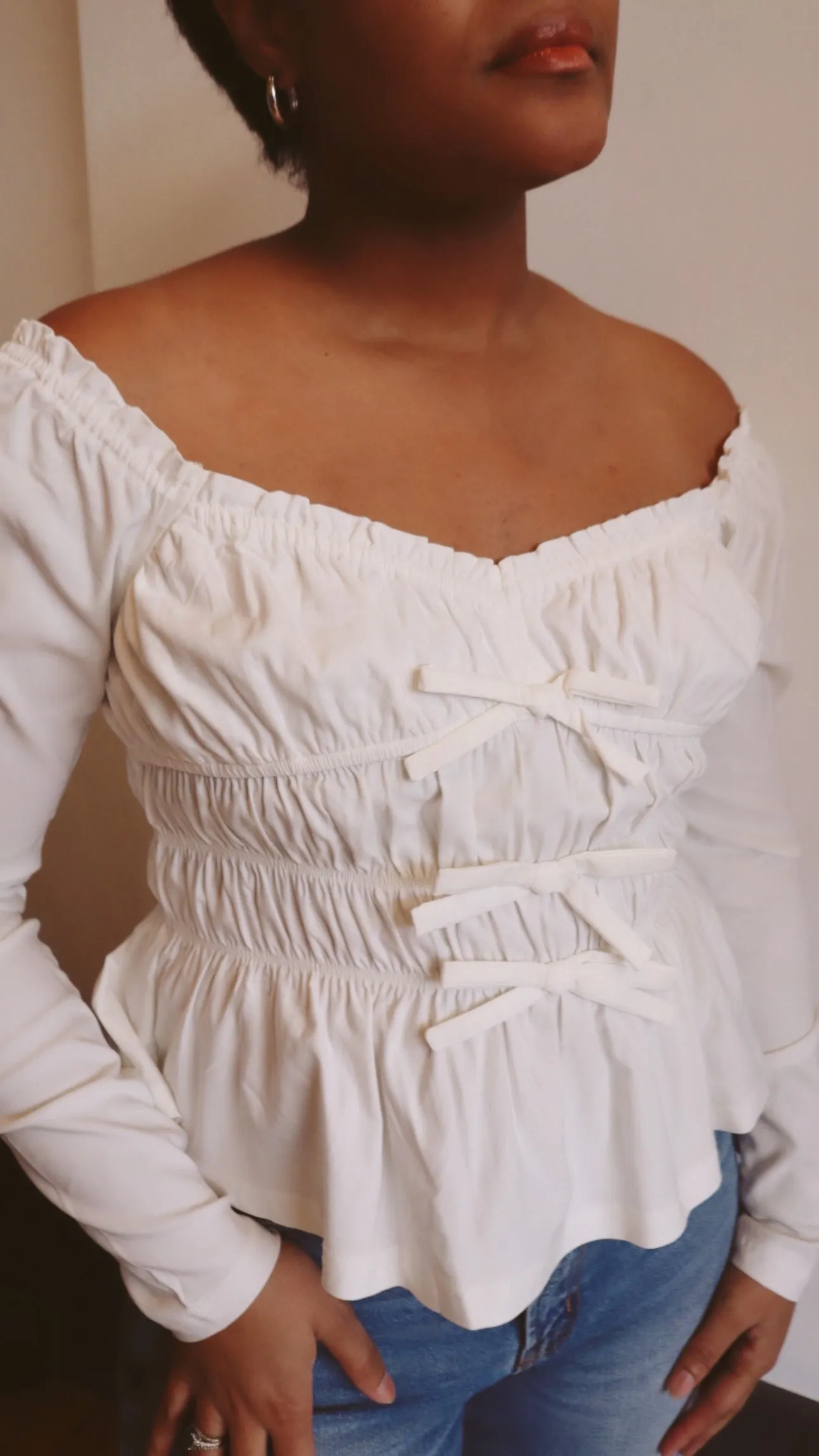 Smocked Bow Long Sleeve Blouse