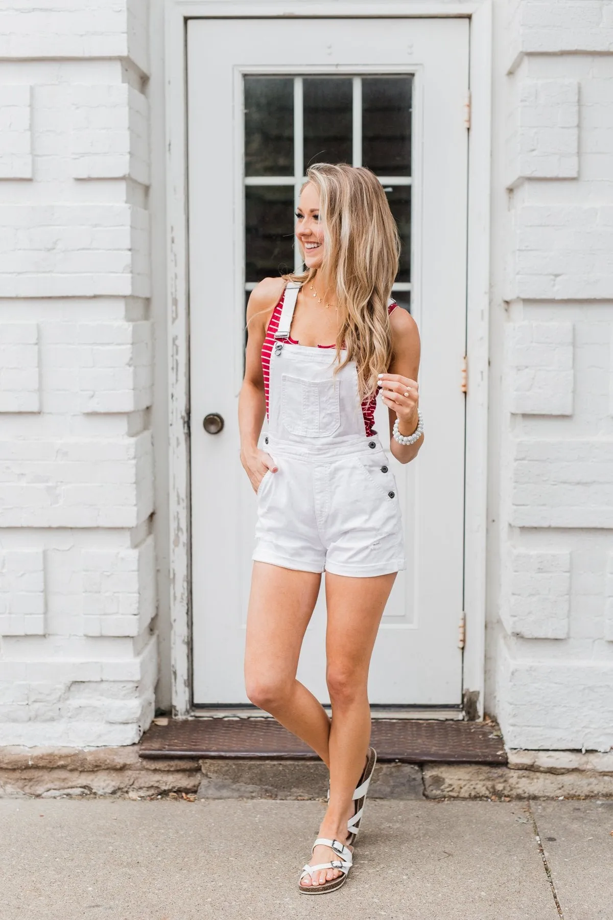 Sneak Peek White Distressed Short Overalls- Natalie