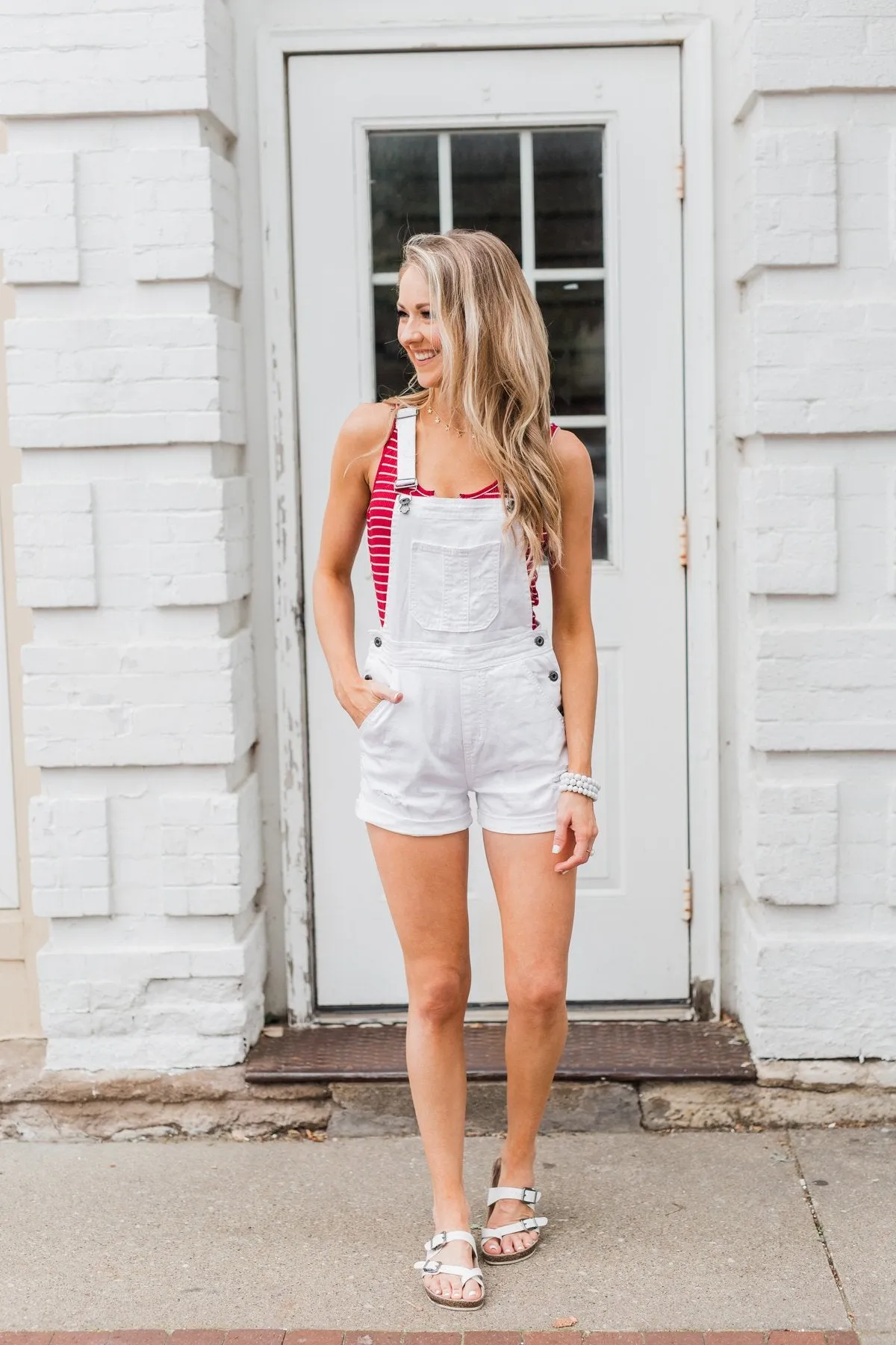 Sneak Peek White Distressed Short Overalls- Natalie