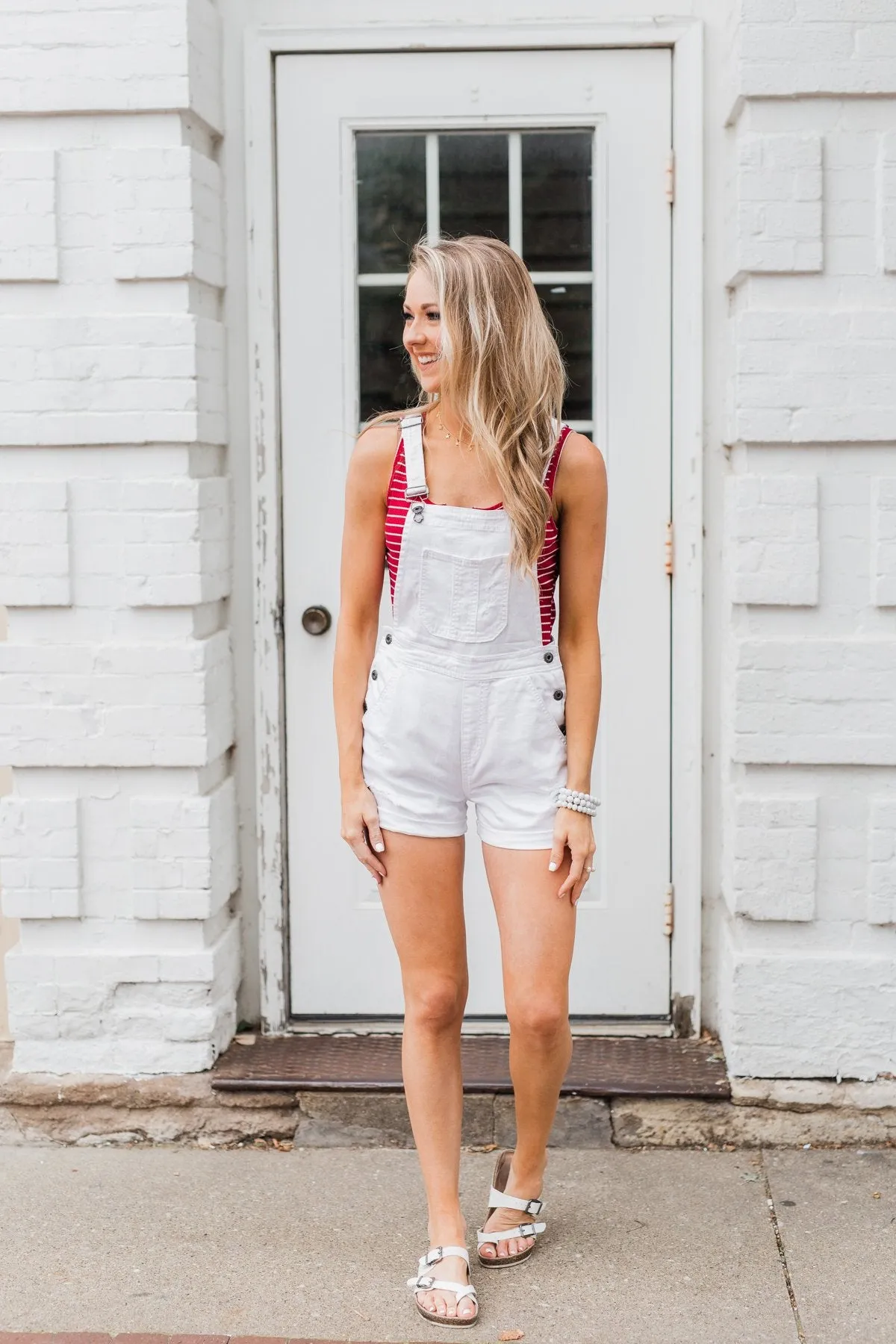 Sneak Peek White Distressed Short Overalls- Natalie